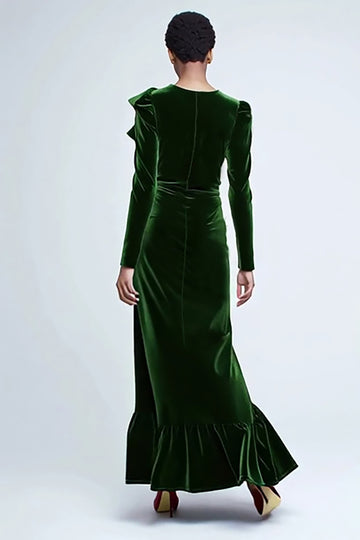 Green Velvet Ruffled Sheath Holiday Party Dress with Long Sleeves